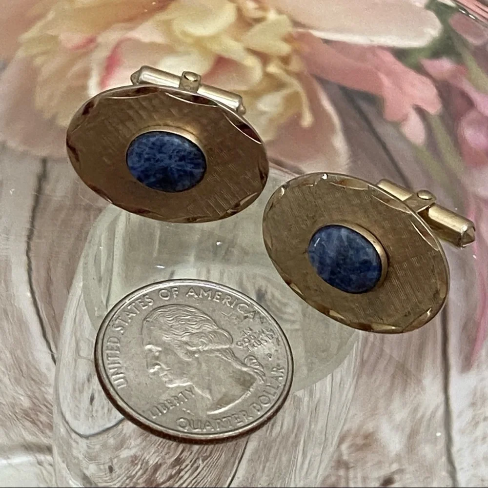 Vintage DESTINO Natural Blue Stone Kyanite? Lapis Light Brushed Gold Cufflinks